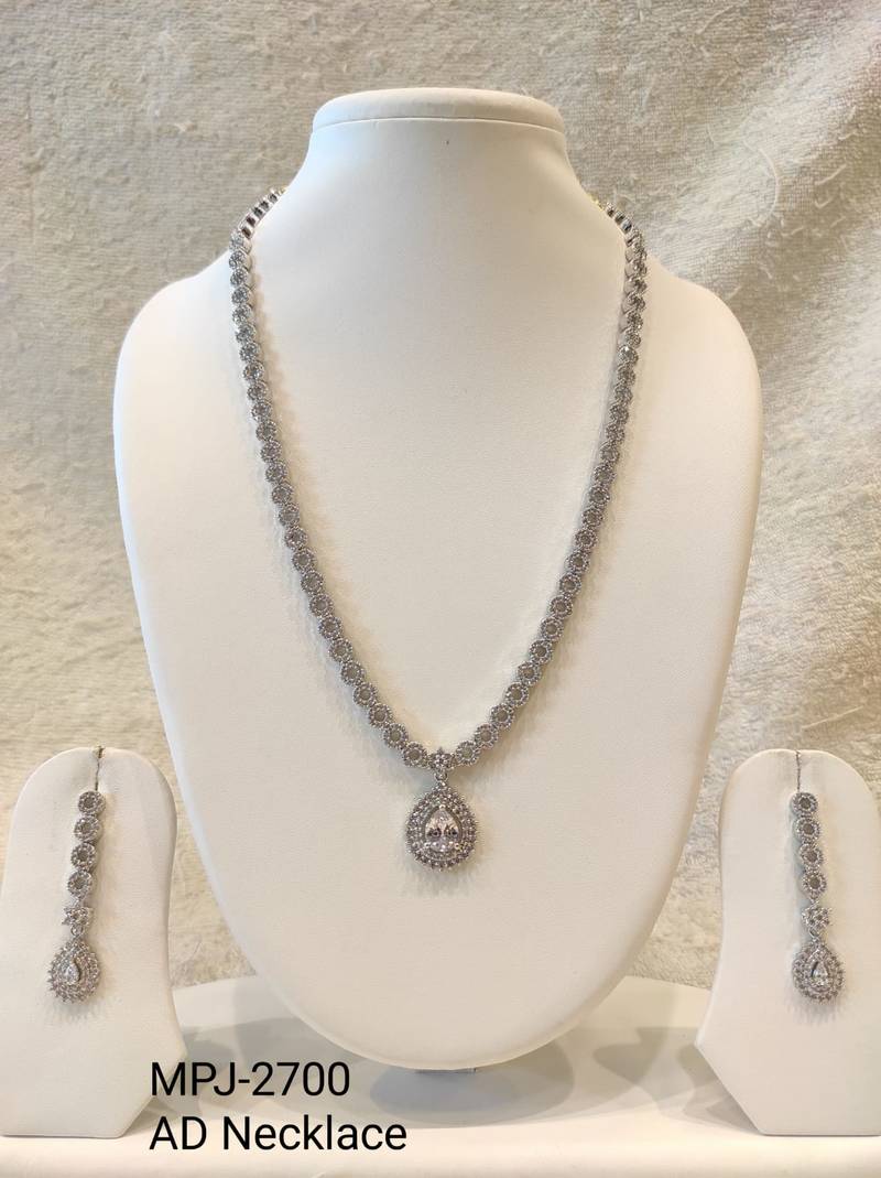 Silver-tone cz teardrop pendant necklace and drop earrings jewellery set, bridal, with stud earrings