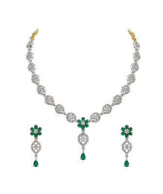 Silver-toned cz and emerald green floral necklace and earrings jewellery set, bridal wear 1