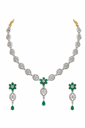 Silver-toned cz and emerald green floral necklace and earrings jewellery set, bridal wear