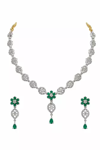 Silver-toned cz and emerald green floral necklace and earrings jewellery set, bridal wear