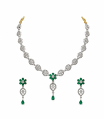 Silver-toned cz and emerald green floral necklace and earrings jewellery set, bridal wear