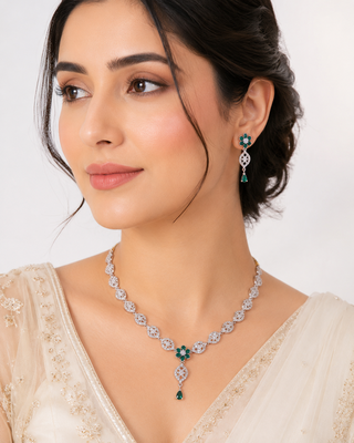 Silver-toned cz and emerald green floral necklace and earrings jewellery set, bridal wear 2
