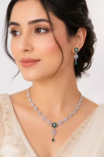 Silver-toned cz and emerald green floral necklace and earrings jewellery set, bridal wear