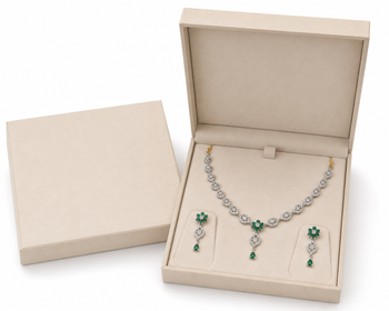 Silver-toned cz and emerald green floral necklace and earrings jewellery set, bridal wear 3
