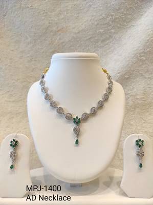 Silver-toned cz and emerald green floral necklace and earrings jewellery set, bridal wear 4