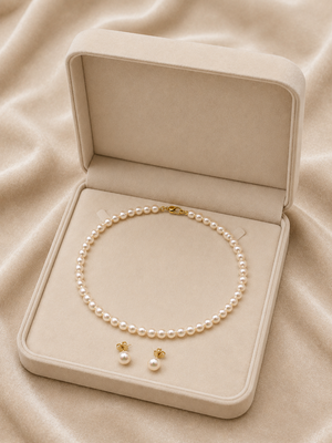 Pearl necklace and stud earrings jewellery set, white, gold-tone clasp, elegant bridal style, with stud earrings 1
