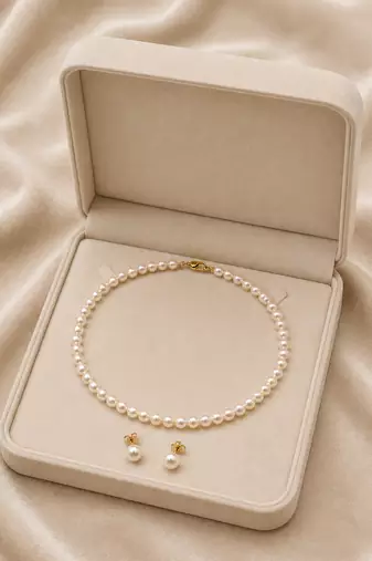 Pearl necklace and stud earrings jewellery set, white, gold-tone clasp, elegant bridal style, with stud earrings
