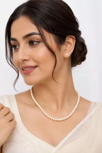 Pearl necklace and stud earrings jewellery set, white, gold-tone clasp, elegant bridal style, with stud earrings
