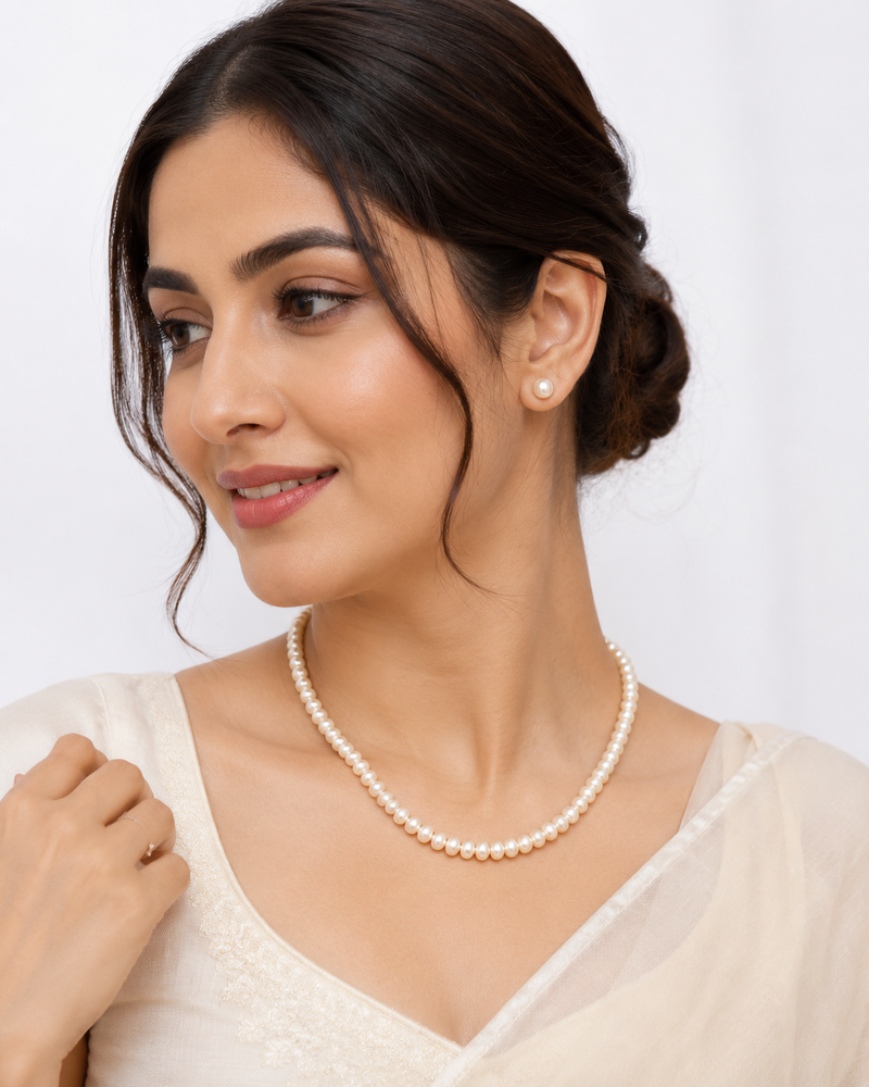 Pearl necklace and stud earrings jewellery set, white, gold-tone clasp, elegant bridal style, with stud earrings
