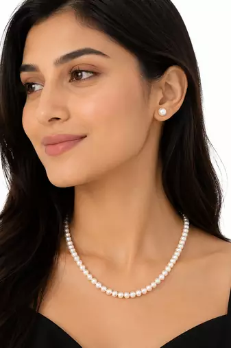 Pearl necklace and stud earrings jewellery set, white, gold-tone clasp, elegant bridal style, with stud earrings