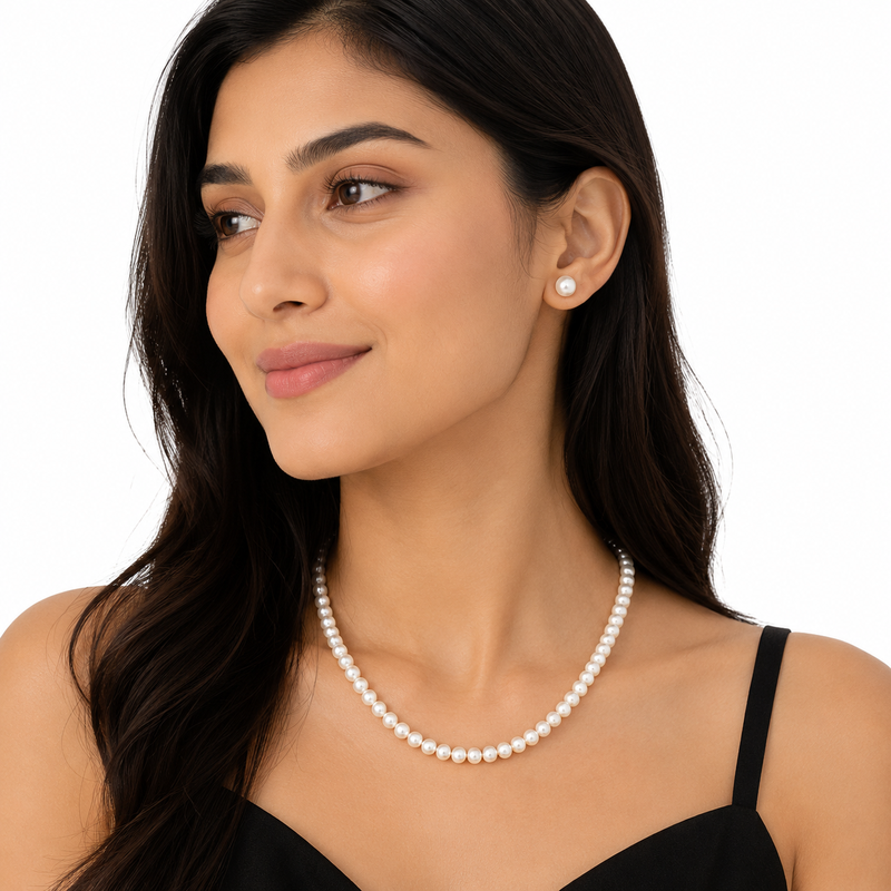 Pearl necklace and stud earrings jewellery set, white, gold-tone clasp, elegant bridal style, with stud earrings