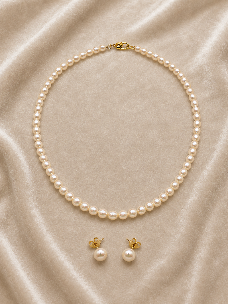 Pearl necklace and stud earrings jewellery set, white, gold-tone clasp, elegant bridal style, with stud earrings