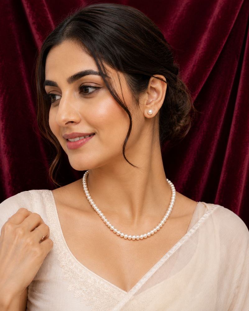 Pearl necklace and stud earrings jewellery set, white, gold-tone clasp, elegant bridal style, with stud earrings