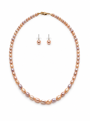 Freshwater pearl necklace and earring set, pink and lavender, oval rice shape, with stud earrings 1