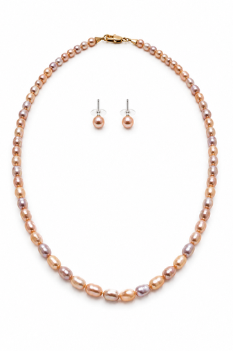 Freshwater pearl necklace and earring set, pink and lavender, oval rice shape, with stud earrings