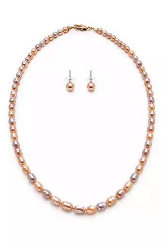 Freshwater pearl necklace and earring set, pink and lavender, oval rice shape, with stud earrings