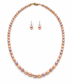 Freshwater pearl necklace and earring set, pink and lavender, oval rice shape, with stud earrings