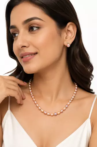 Freshwater pearl necklace and earring set, pink and lavender, oval rice shape, with stud earrings