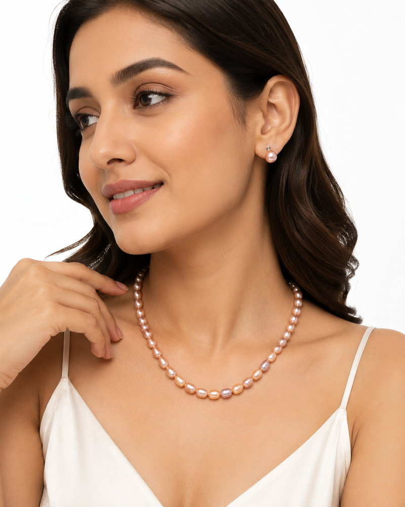 Freshwater pearl necklace and earring set, pink and lavender, oval rice shape, with stud earrings