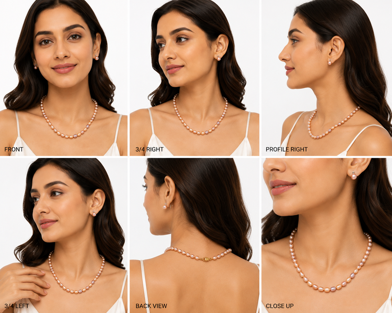 Freshwater pearl necklace and earring set, pink and lavender, oval rice shape, with stud earrings