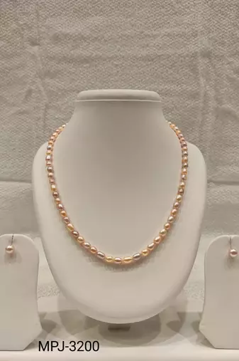 Freshwater pearl necklace and earring set, pink and lavender, oval rice shape, with stud earrings