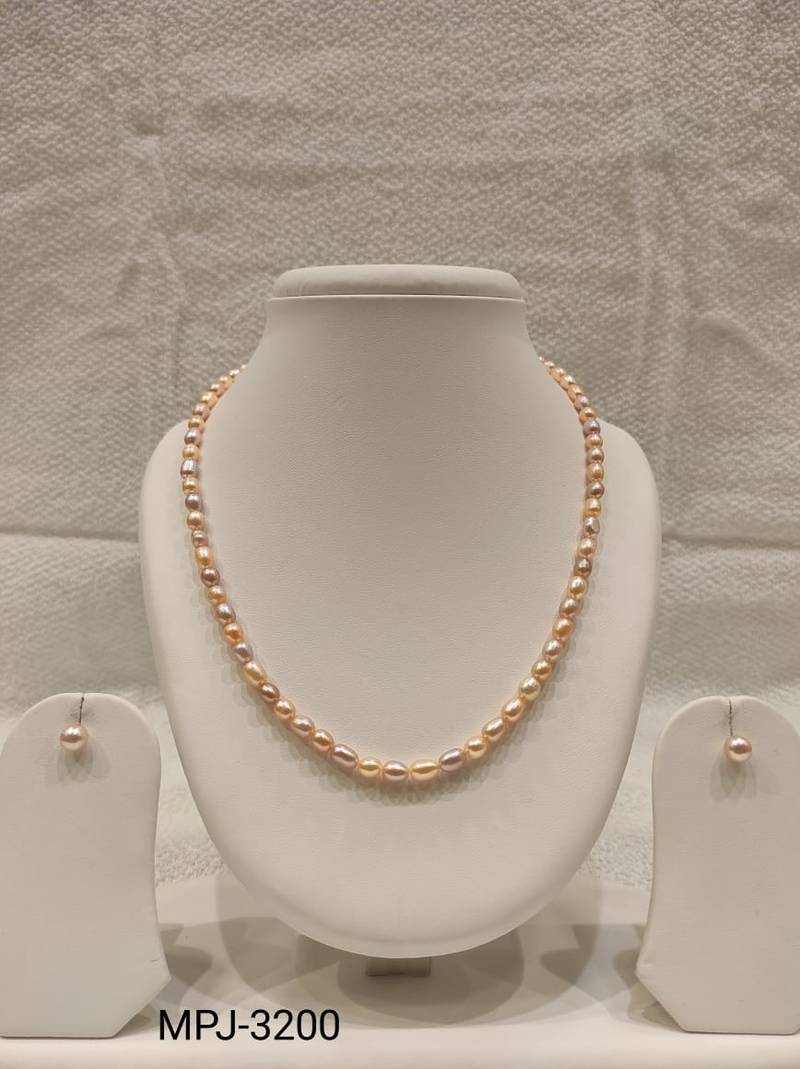 Freshwater pearl necklace and earring set, pink and lavender, oval rice shape, with stud earrings
