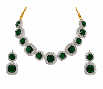 Emerald green cushion cut necklace and earrings jewellery set, silver and gold tone, cz stone 1