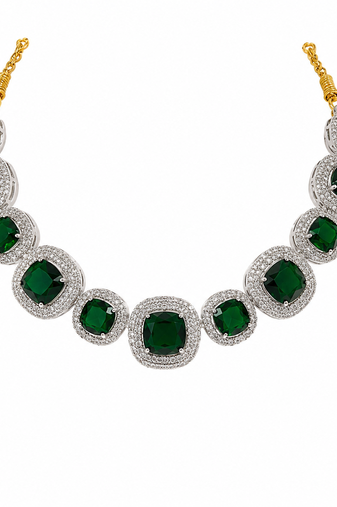 Emerald green cushion cut necklace and earrings jewellery set, silver and gold tone, cz stone