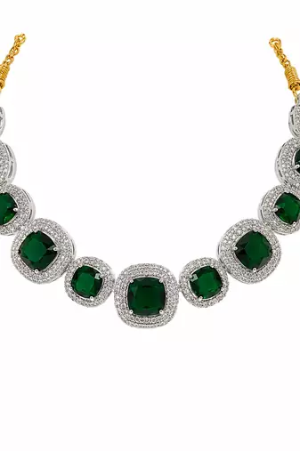 Emerald green cushion cut necklace and earrings jewellery set, silver and gold tone, cz stone