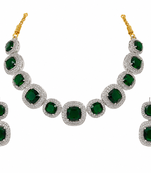 Emerald green cushion cut necklace and earrings jewellery set, silver and gold tone, cz stone