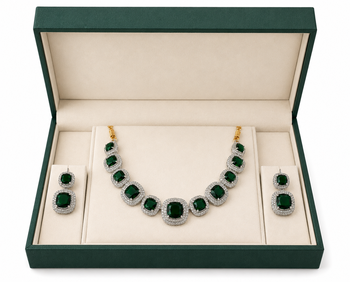Emerald green cushion cut necklace and earrings jewellery set, silver and gold tone, cz stone 2
