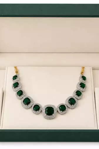 Emerald green cushion cut necklace and earrings jewellery set, silver and gold tone, cz stone