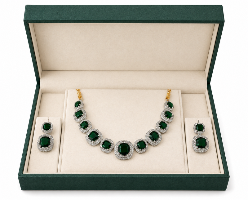 Emerald green cushion cut necklace and earrings jewellery set, silver and gold tone, cz stone