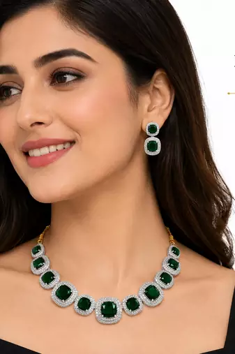 Emerald green cushion cut necklace and earrings jewellery set, silver and gold tone, cz stone