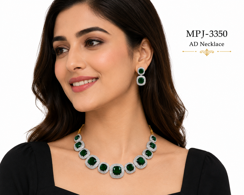 Emerald green cushion cut necklace and earrings jewellery set, silver and gold tone, cz stone