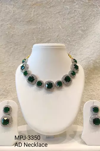 Emerald green cushion cut necklace and earrings jewellery set, silver and gold tone, cz stone