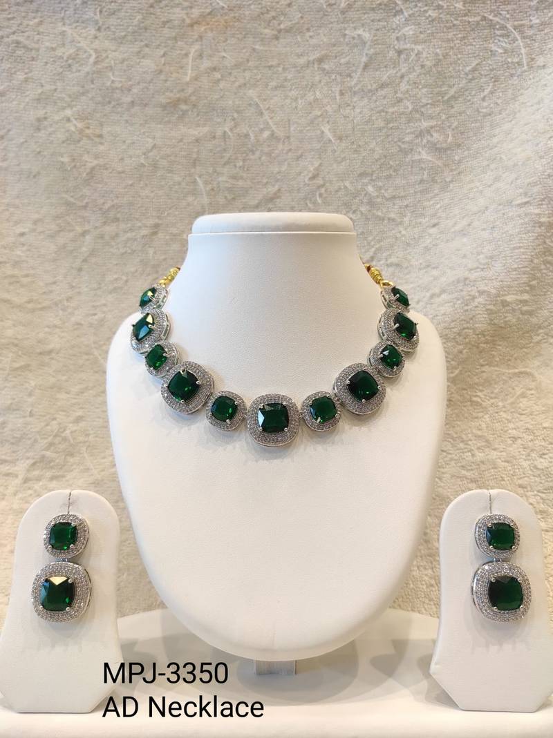 Emerald green cushion cut necklace and earrings jewellery set, silver and gold tone, cz stone
