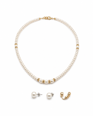 Pearl necklace and stud earring jewellery set, white, gold-tone accents, with stud earrings 1