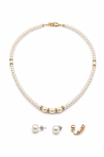 Pearl necklace and stud earring jewellery set, white, gold-tone accents, with stud earrings