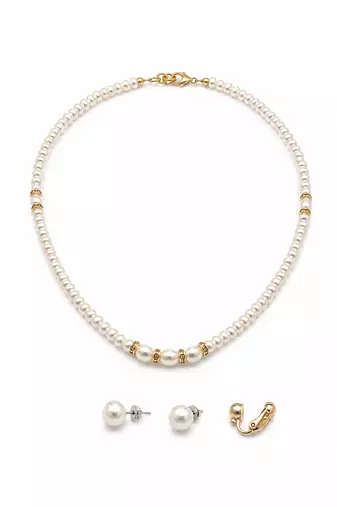 Pearl necklace and stud earring jewellery set, white, gold-tone accents, with stud earrings