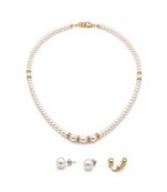 Pearl necklace and stud earring jewellery set, white, gold-tone accents, with stud earrings