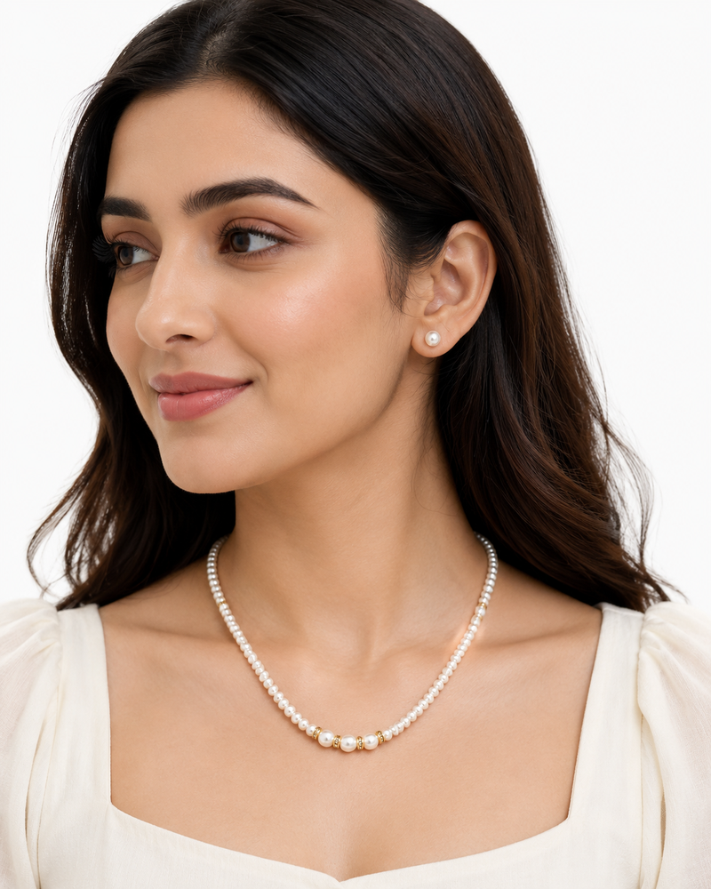 Pearl necklace and stud earring jewellery set, white, gold-tone accents, with stud earrings