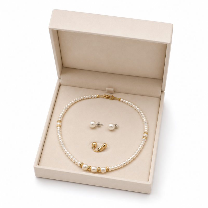 Pearl necklace and stud earring jewellery set, white, gold-tone accents, with stud earrings