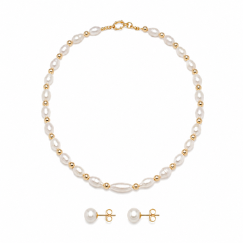 Freshwater pearl necklace and stud earrings jewellery set, white, gold beads, fresh water pearls maala 1