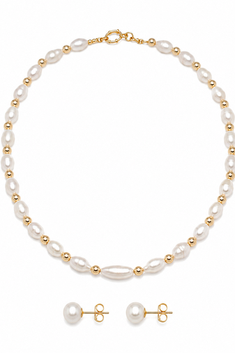 Freshwater pearl necklace and stud earrings jewellery set, white, gold beads, fresh water pearls maala