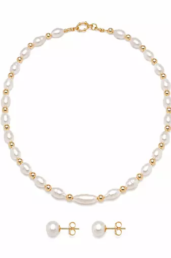 Freshwater pearl necklace and stud earrings jewellery set, white, gold beads, fresh water pearls maala