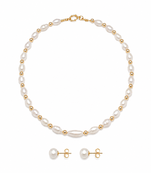 Freshwater pearl necklace and stud earrings jewellery set, white, gold beads, fresh water pearls maala
