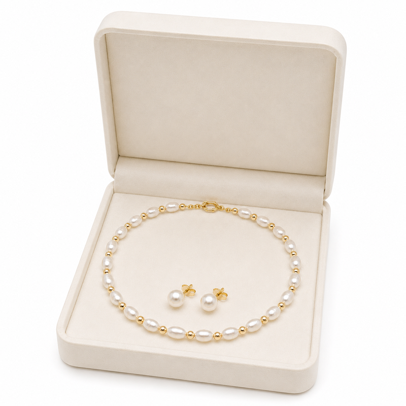 Freshwater pearl necklace and stud earrings jewellery set, white, gold beads, fresh water pearls maala