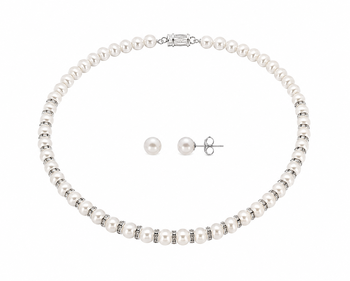 Pearl necklace and stud earrings set, white, crystal rondelle spacers, silver-tone clasp, bridal jewellery 1