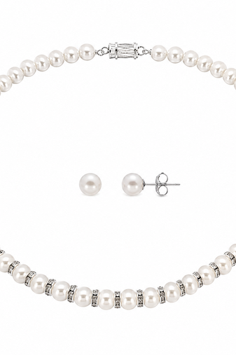 Pearl necklace and stud earrings set, white, crystal rondelle spacers, silver-tone clasp, bridal jewellery